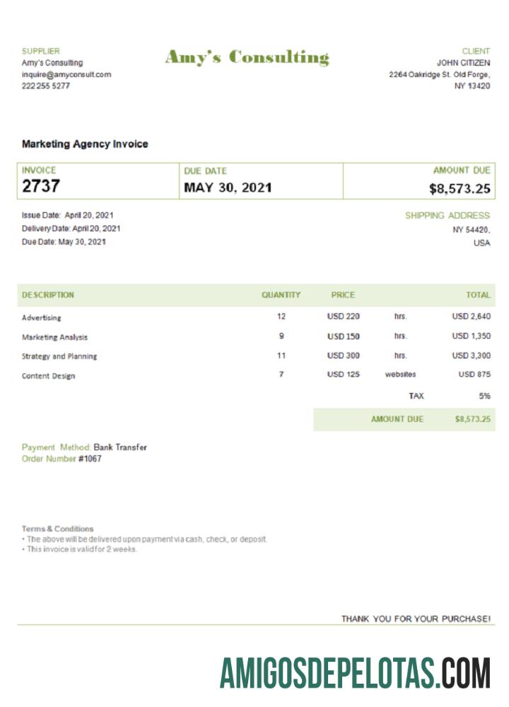 imprimível Modelo de fatura de consultoria da Amy dos EUA